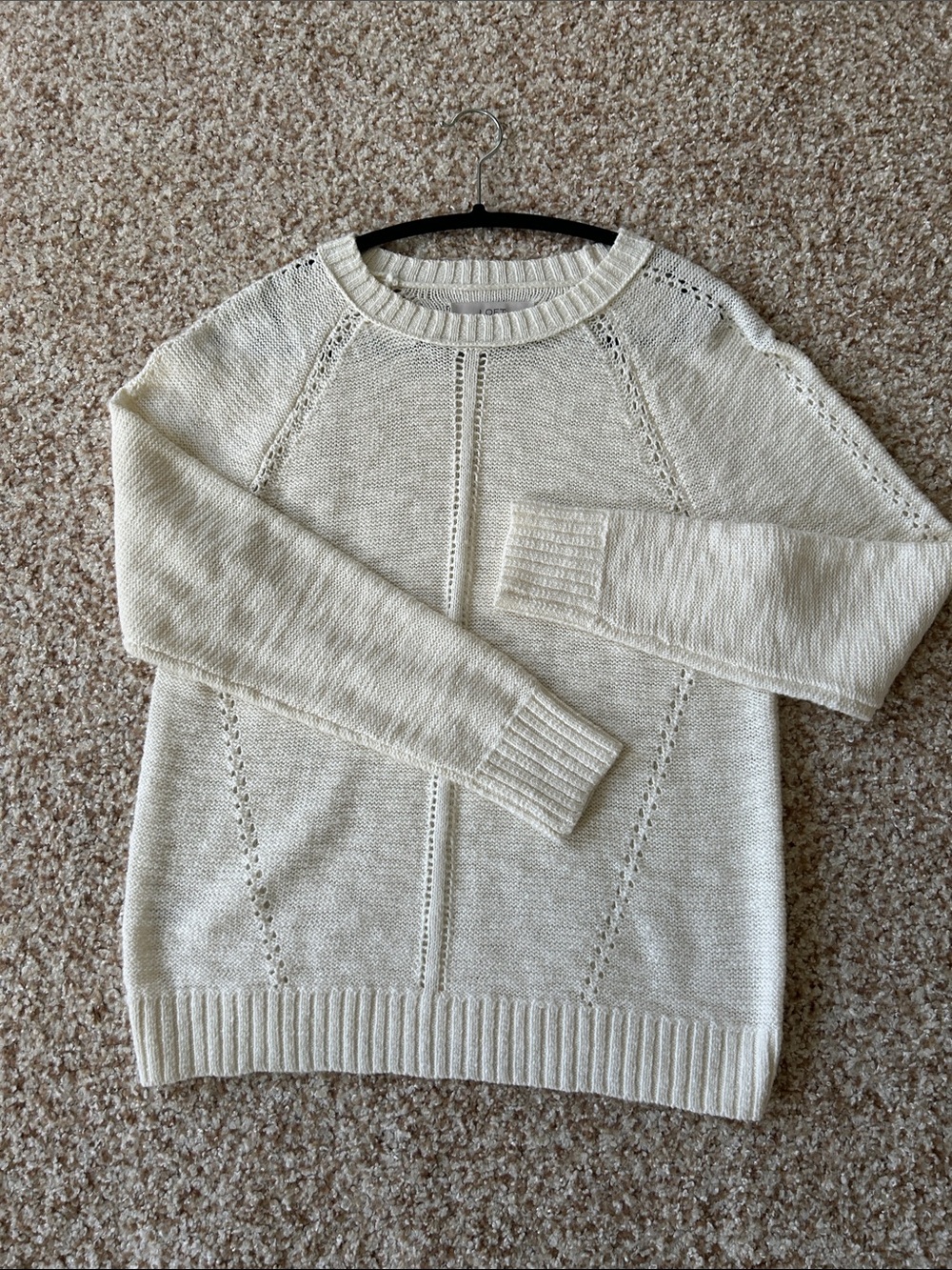 LOFT Cream Open-Stitch Crewneck Sweater